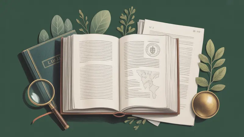 Illustrated legal reference book, source documents and botanical leaves.