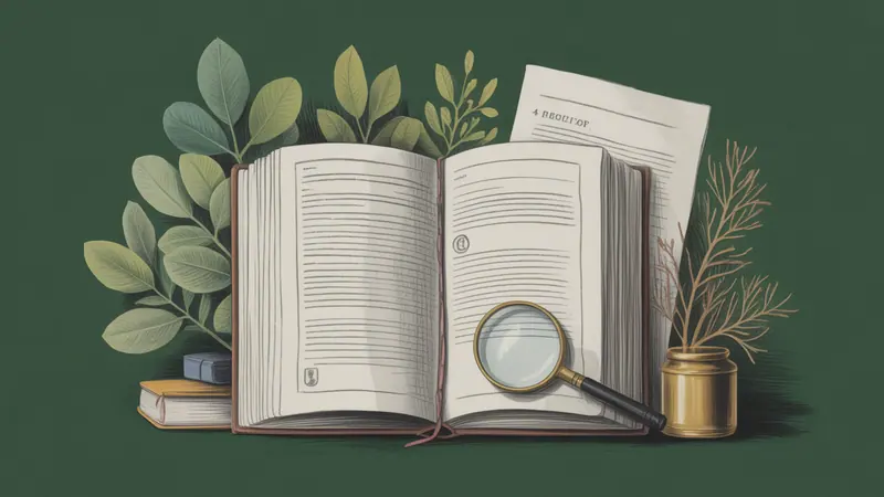 Illustrated legal reference book, source documents and botanical leaves.