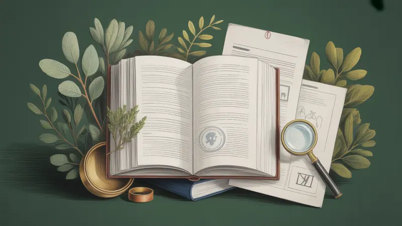 Illustrated legal reference book, source documents and botanical leaves.