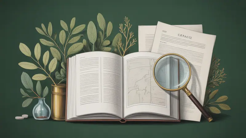 Illustrated legal reference book, source documents and botanical leaves.