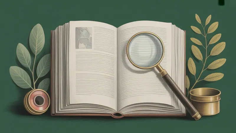Illustrated legal reference book, source documents and botanical leaves.