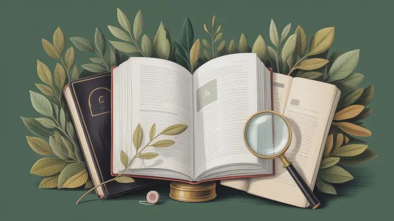 Illustrated legal reference book, source documents and botanical leaves.