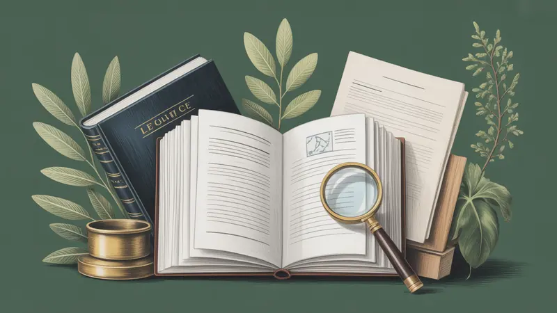 Illustrated legal reference book, source documents and botanical leaves.