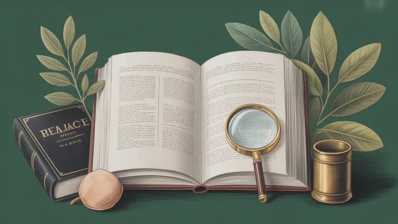 Illustrated legal reference book, source documents and botanical leaves.