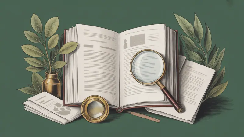 Illustrated legal reference book, source documents and botanical leaves.