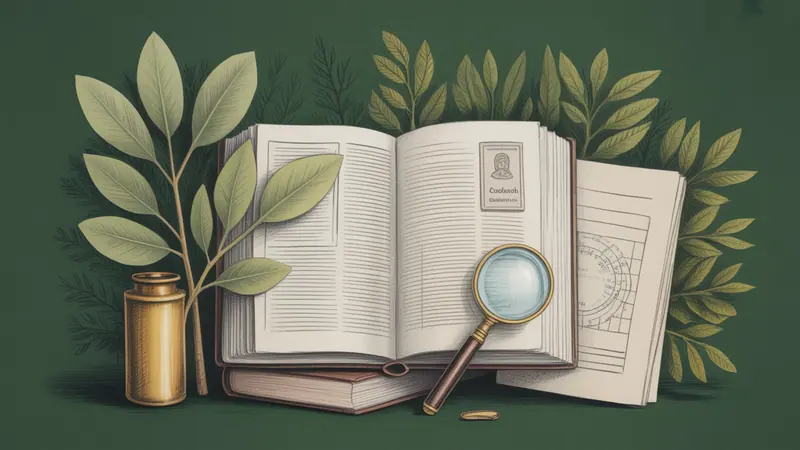 Illustrated legal reference book, source documents and botanical leaves.