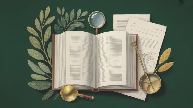 Illustrated legal reference book, source documents and botanical leaves.
