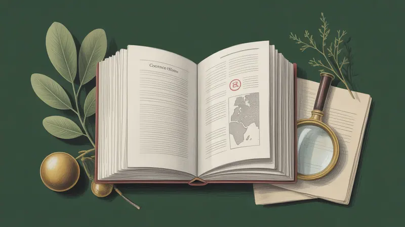 Illustrated legal reference book, source documents and botanical leaves.