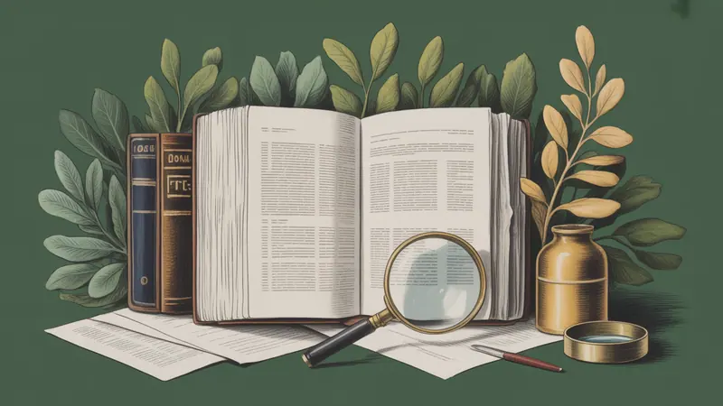 Illustrated legal reference book, source documents and botanical leaves.