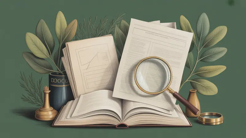 Illustrated legal reference book, source documents and botanical leaves.