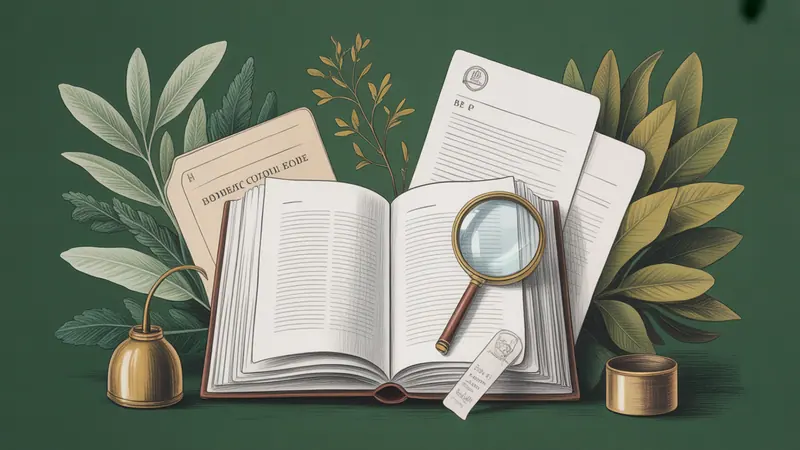 Illustrated legal reference book, source documents and botanical leaves.