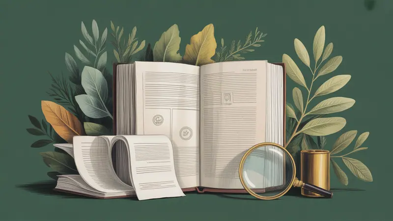 Illustrated legal reference book, source documents and botanical leaves.