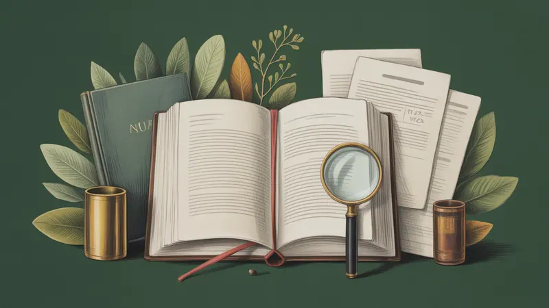 Illustrated legal reference book, source documents and botanical leaves.