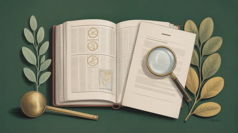 Illustrated legal reference book, source documents and botanical leaves.