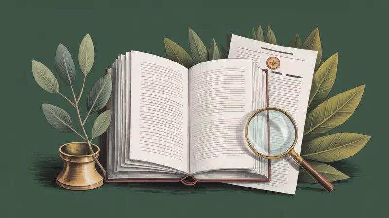 Illustrated legal reference book, source documents and botanical leaves.