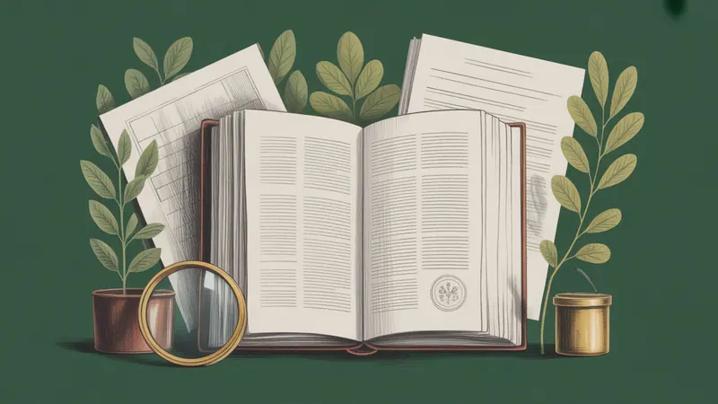 Illustrated legal reference book, source documents and botanical leaves.