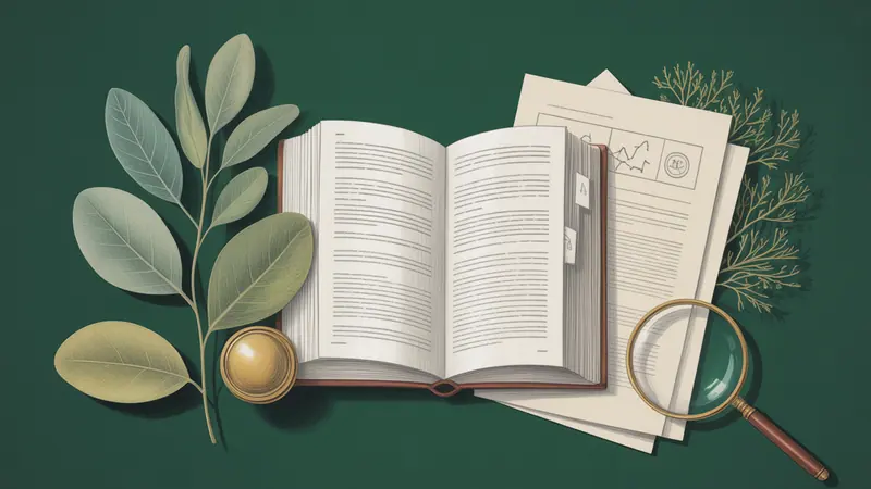 Illustrated legal reference book, source documents and botanical leaves.