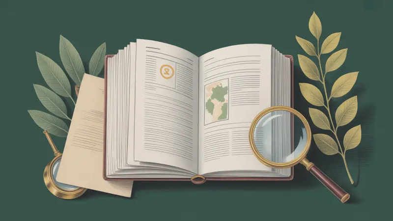 Illustrated legal reference book, source documents and botanical leaves.