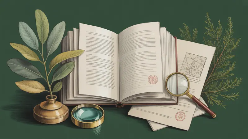 Illustrated legal reference book, source documents and botanical leaves.