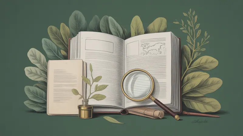 Illustrated legal reference book, source documents and botanical leaves.