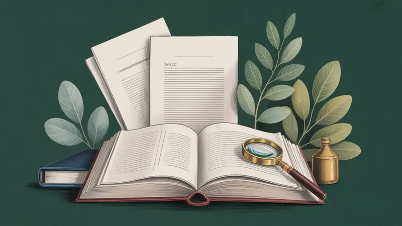 Illustrated legal reference book, source documents and botanical leaves.