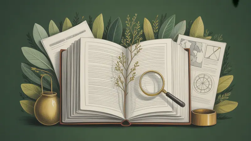 Illustrated legal reference book, source documents and botanical leaves.