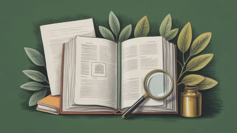 Illustrated legal reference book, source documents and botanical leaves.