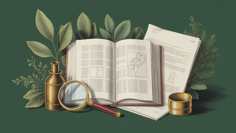 Illustrated legal reference book, source documents and botanical leaves.