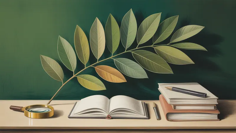 Illustration of botanical leaves, a notebook and editorial reference papers.