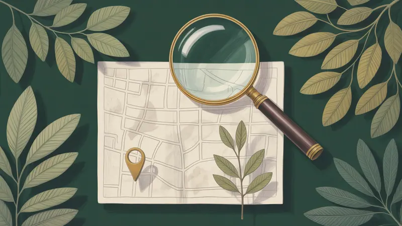 Illustrated map, location pin and magnifying glass.