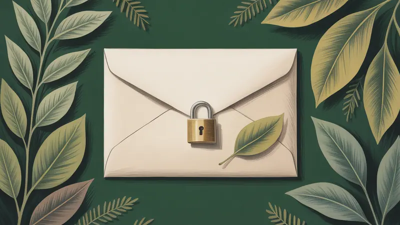 Editorial illustration of a closed envelope with a small brass padlock and a single leaf on a quiet desk.
