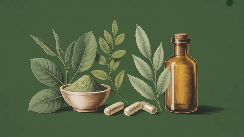Editorial illustration of unbranded product forms arranged as a still life: dried leaves, a small ceramic bowl of green powder, two plain capsules and a closed amber glass bottle.