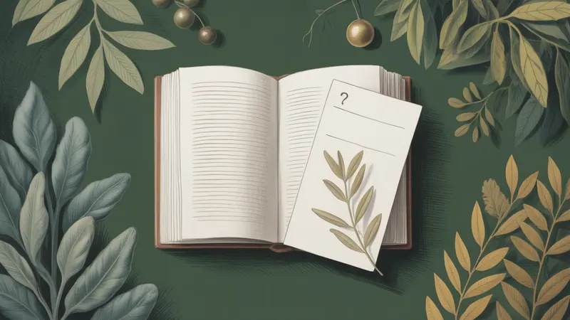 Editorial illustration of a closed reference book, a blank question card and a single botanical branch, suggesting careful research.
