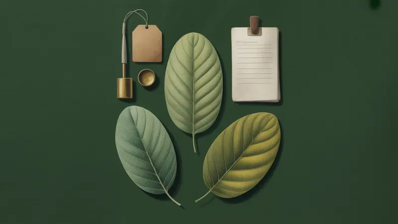 Illustrated botanical leaves and a blank specimen tag.