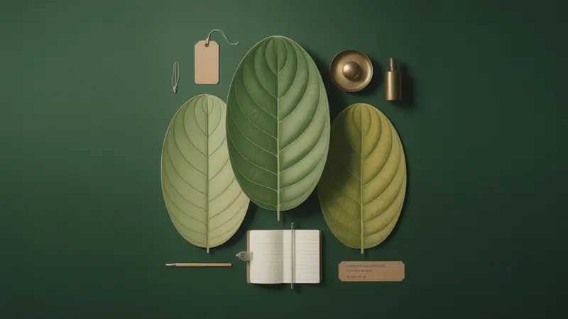 Illustrated botanical leaves and a blank specimen tag.