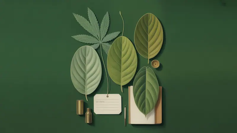 Illustrated botanical leaves and a blank specimen tag.