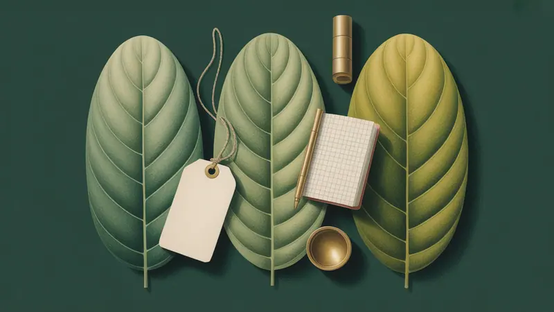 Illustrated botanical leaves and a blank specimen tag.