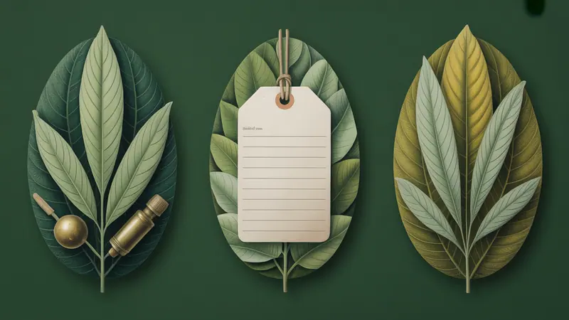 Illustrated botanical leaves and a blank specimen tag.