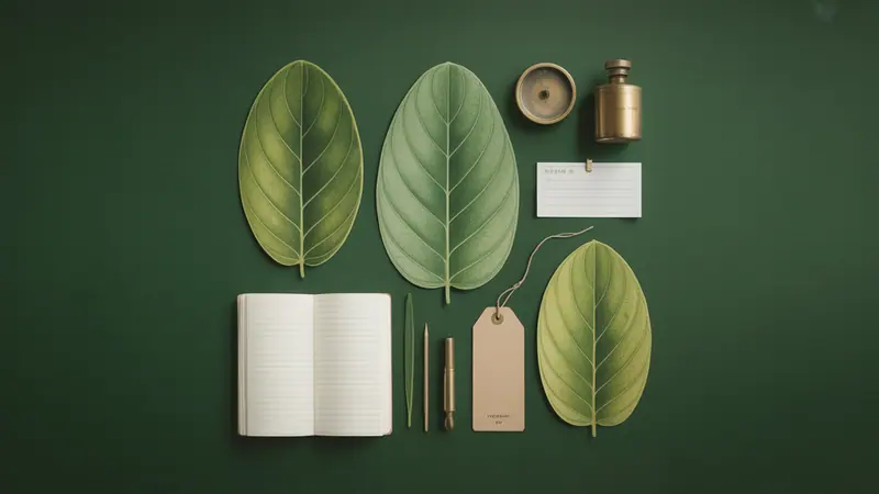 Illustrated botanical leaves and a blank specimen tag.