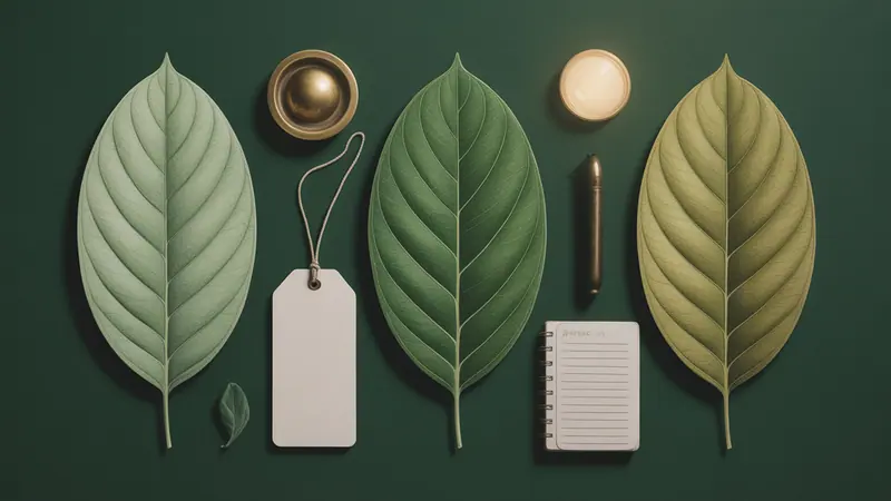 Illustrated botanical leaves and a blank specimen tag.