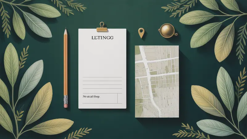 Editorial illustration of a blank listing card, a pencil, a small location marker and an abstract street map.