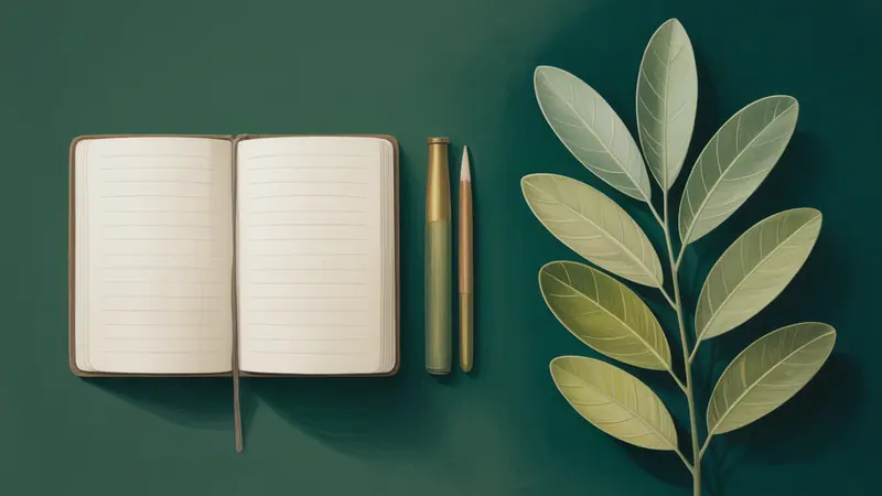 Editorial illustration of a botanical study of a tropical leafy branch beside a closed blank field notebook.